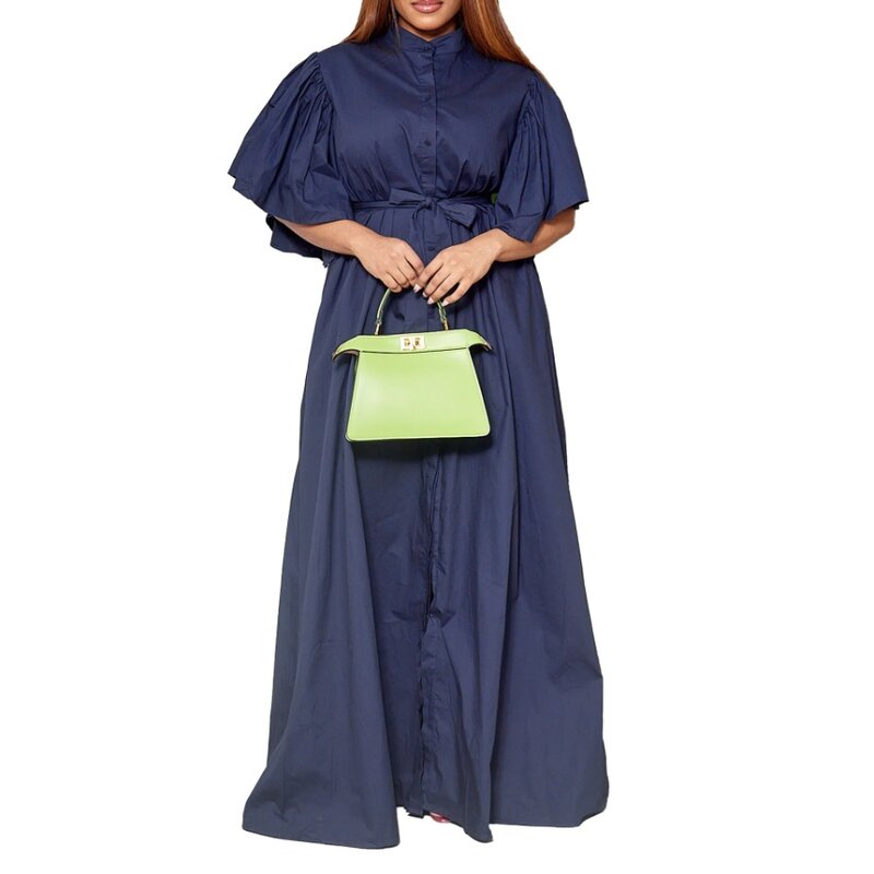 Plus Size 3XL Party Dress Fashion Women Satin Long Maxi Sundress Summer Bohemian Round Neck 3/4 Bat Sleeve Vestidos Robe
