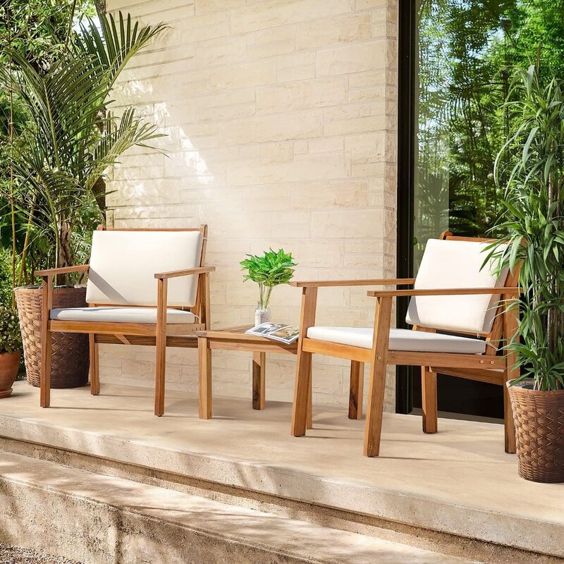 비스트로 파티오 가구, 야외 채팅 의자 세트, 방수 쿠션 및 커피 테이블, 해변 뒤뜰 정원용 3 피스