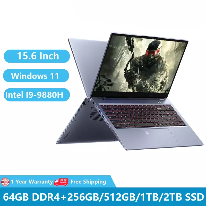 2023 게이밍 노트북 I9 노트북 컴퓨터 PC, 윈도우 11, 15.6 인치 인텔 I9-9880H, 64GB RAM, 듀얼 M.2 2TB SSD, DDR4 백라이트 와이파이