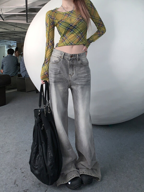 Jean Délavé en Denim de Style Harajuku, Pantalon Droit à Jambes Larges, Taille Haute, à la Mode, Nouvelle Collection 2024