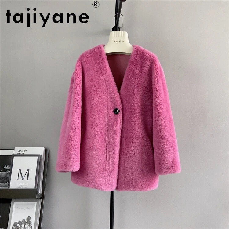 Tajiyane-Elegante casaco feminino de lã cordeiros decote em v, jaqueta tosquia de ovelha, jaquetas femininas na moda outono e inverno, 100% Tajiyane