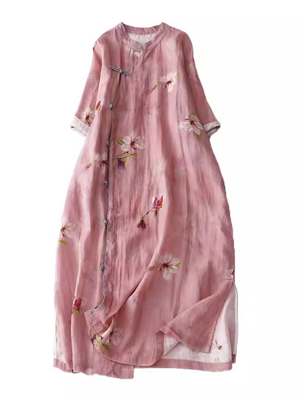 Elegant Floral Print Party Dresses 2024 New Summer Stand Collar Half Sleeve Cheongsam Single-breasted Midi Shirt Dress Vestidos