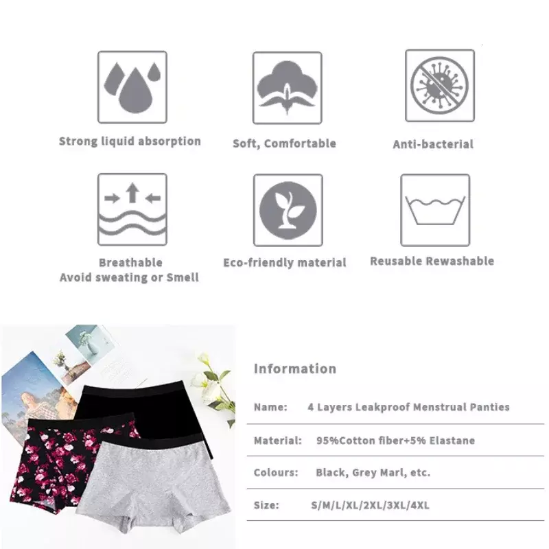 Quatro Camadas de Guardanapo Sanitário Sem Vazamento Boxer Shorts para Mulheres, Período Calcinha Esportiva, Calças Fisiológicas, Novo