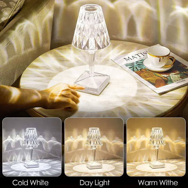 Lampu meja berlian MANVIV, dengan kontrol sentuh USB kristal lampu meja suasana romantis untuk lampu pesta hadiah malam
