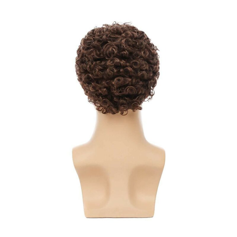 Wig sintetis warna coklat Wig keriting untuk pria potongan rambut halus Wig Bob tebal rambut pendek Wig Afro poni laki-laki