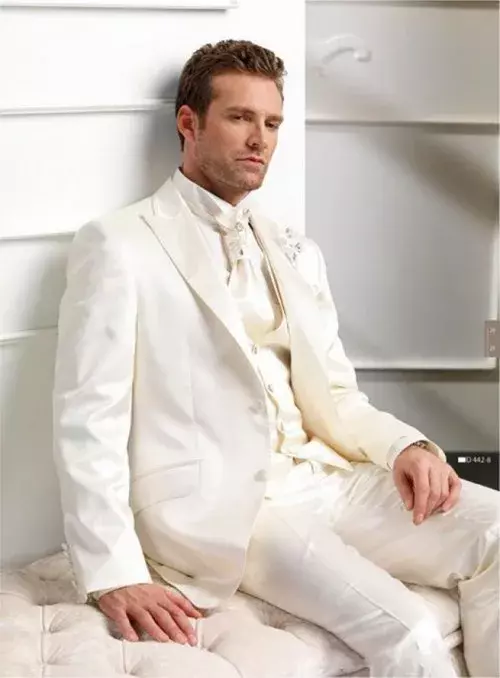 Terno de cetim italiano marfim branco masculino, ternos de casamento formais masculinos, smoking fino para noivo, conjuntos de blazer personalizados, 3 peças