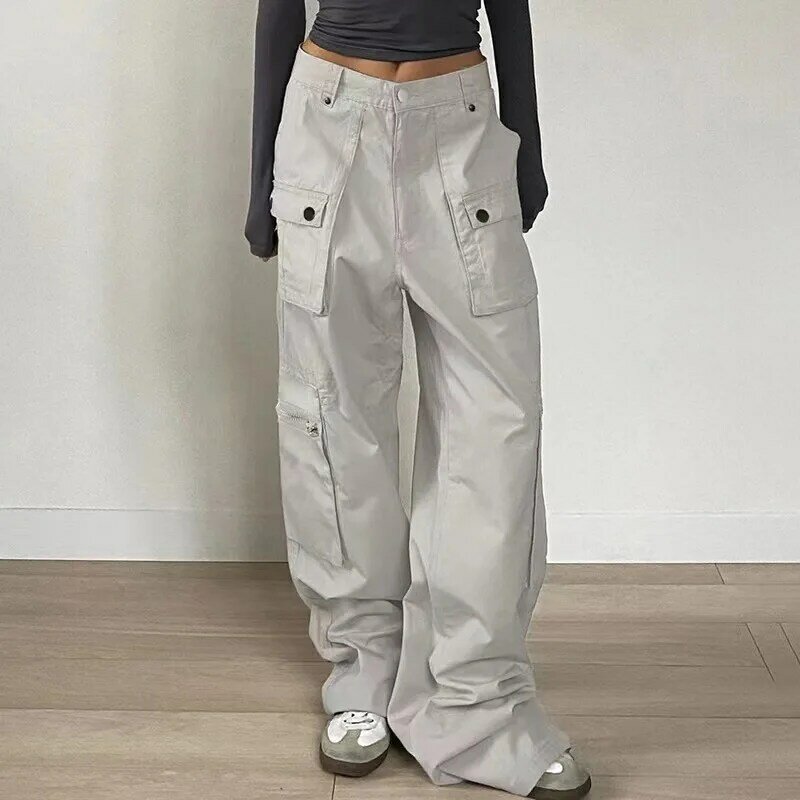 Jeans de carga cinza extragrande para mulheres com zíper, calças jeans largas, patchwork, bolso grande, calças casuais, coreano Y2K, 2023