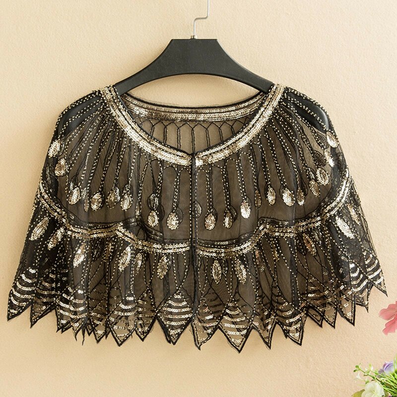 Fashion Vintage 1920s Flapper Shawl Sequin Beaded Short Cape Beaded Decoration Gatsby Party Mesh Short Cover Up Dress Accessory