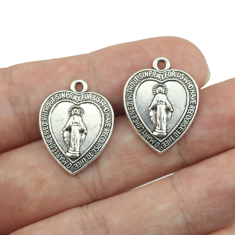 Colgantes de Corazón de Jesús de plata antigua hechos a mano, accesorios de joyería religiosa DIY, 22x18mm, 15 piezas