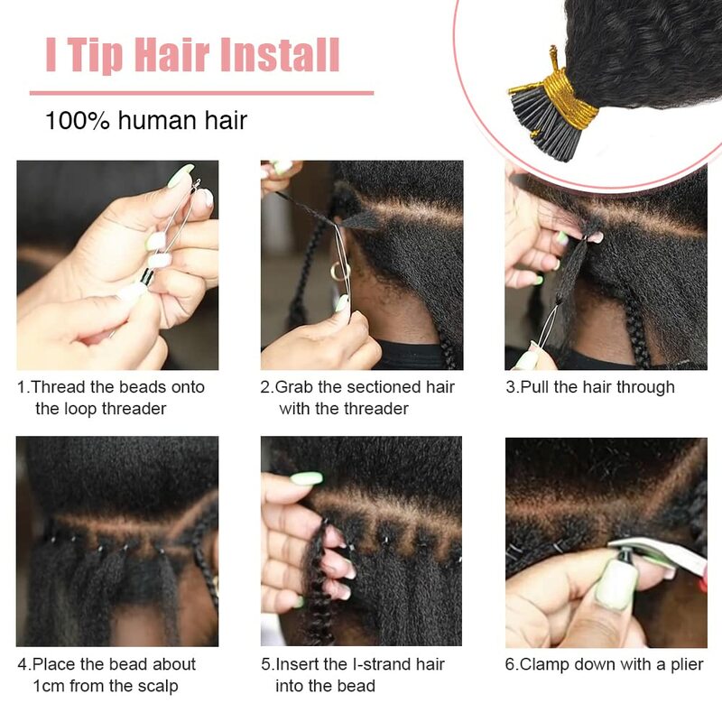 I tip-extensiones de cabello humano rizado, cabello humano liso preadherido, Remy, Micro eslabones, negro Natural, 1g/hebra, # 1B