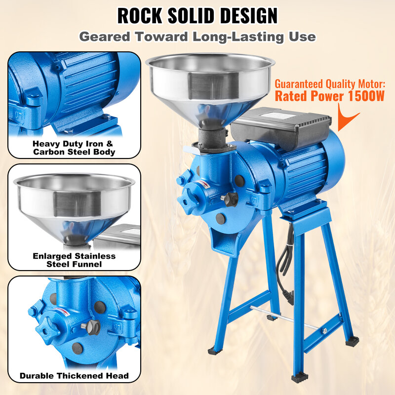 VEVOR 2 in 1 Elektrische Getreidemühle Nass- und Trockeneinsatz, Gewürzmühle, Kommerzieller Motor 1500 W, Kräutermühle Multifunktional Küchenmühle 240 x 280 x 700 mm für Mais, Gerste, Weizen