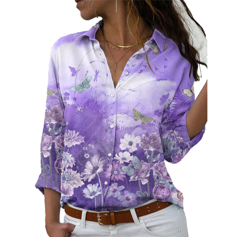 Shirt Womens Blouse Slightly Elastic Spring Summer V Neck Casual Daily Elegant Female Flower Print Ladies Comfy