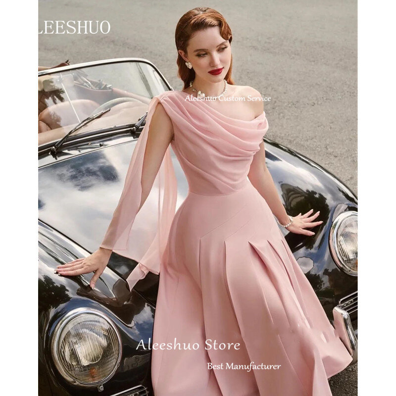 Aleeshuo Simple Pink A-Line One Shoulder Evening Dresse Sleeveles Pleat Party Prom Sexy Off The Shoulder Tea-Length Evening Gown