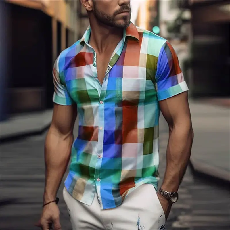 Kemeja Hawaii baru pria warna solid 3D pola tambal sulam kerah berkancing kemeja lengan pendek ukuran besar pakaian liburan 2024