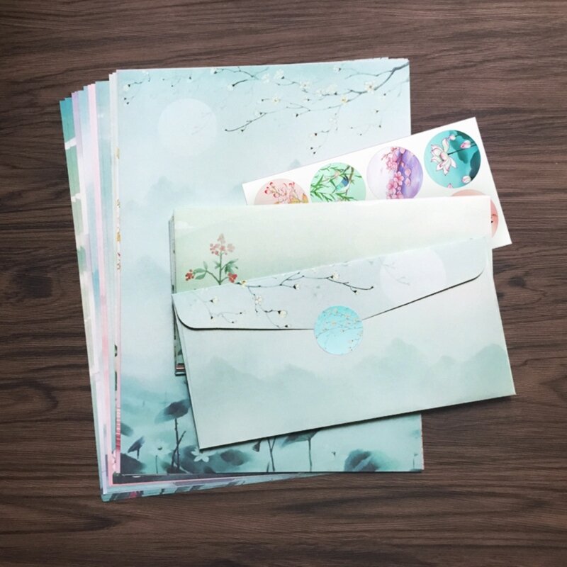 Conjunto papel e envelopes carta estilo chinês 8x papel escrita com 4x envelopes N58E