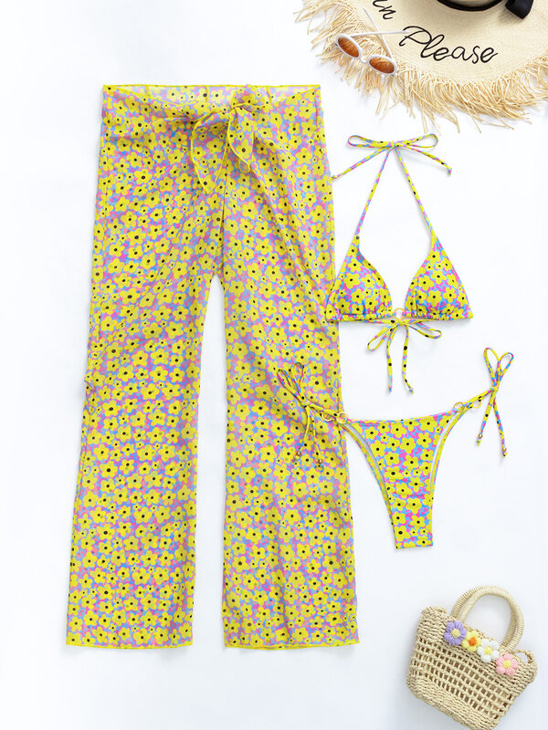 Bikinis de 3 piezas para mujer, traje de baño Sexy, conjunto de Bikini de malla, pantalones, trajes de baño, ropa de playa