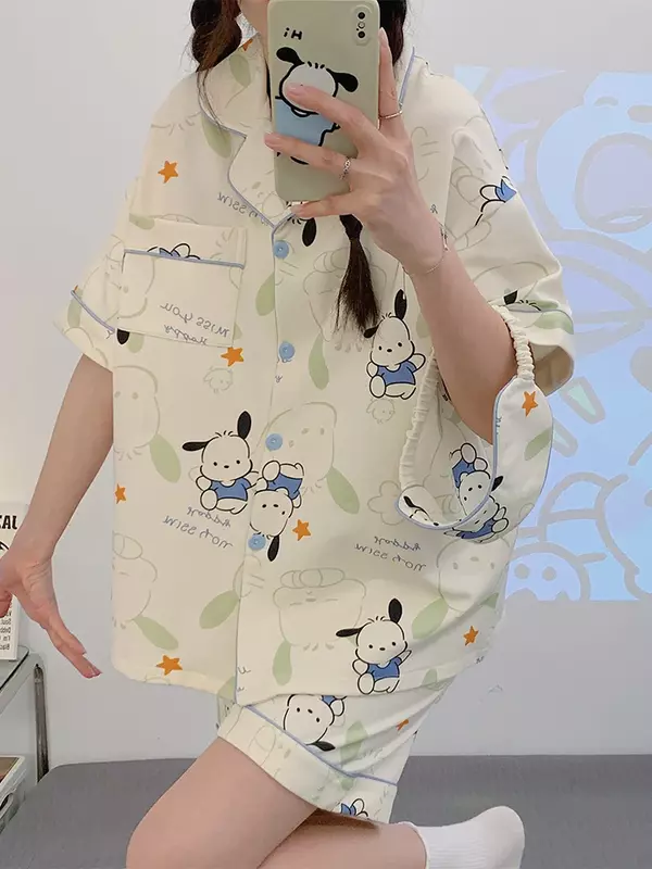 Sanrio-traje de pijama de manga corta Kawaii Pochacco, ropa de casa de Anime de dibujos animados, conjunto de tres piezas, informal, liso, Verano