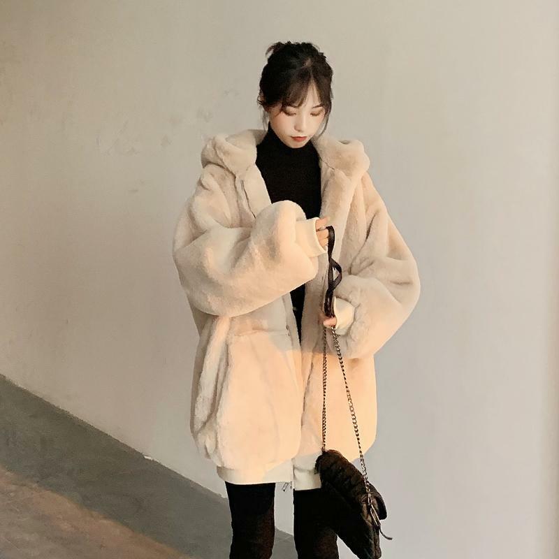 Chaqueta con capucha de piel de conejo sintética coreana para mujer, abrigo de piel falsa de talla grande, abrigo cálido con cremallera, ropa de abrigo informal de felpa gruesa