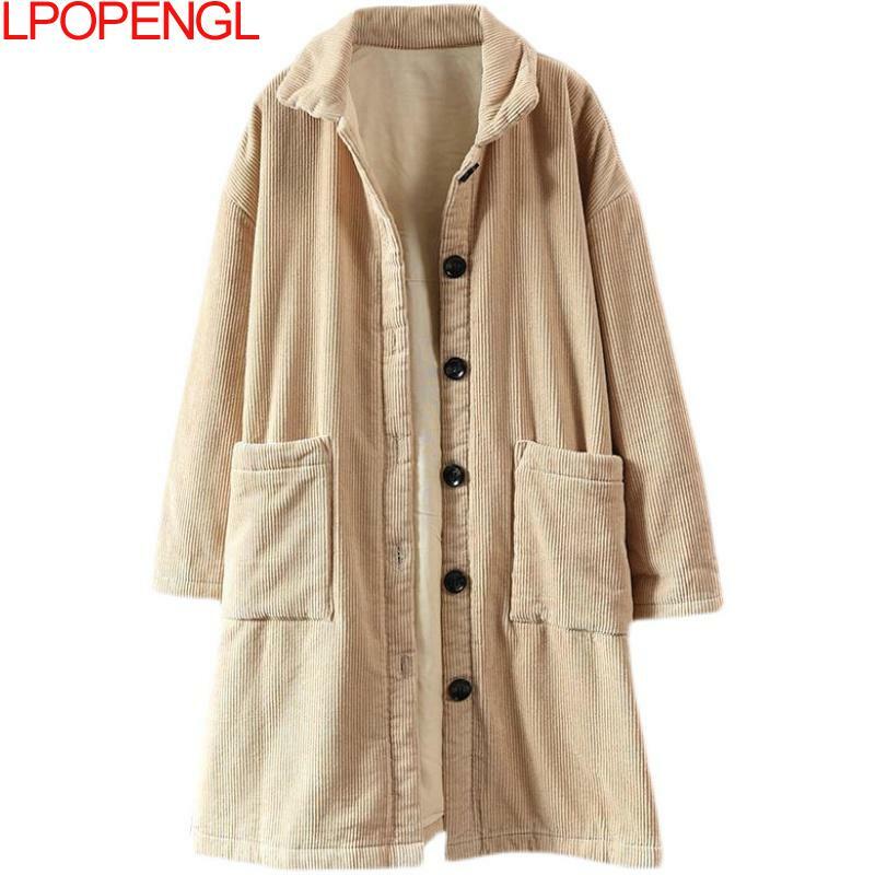 New Literary Corduroy Long Sleeves Loose Cotton Jacket Women's Vintage Mid-length Keep Warm And Thickened Single Breasted Coat