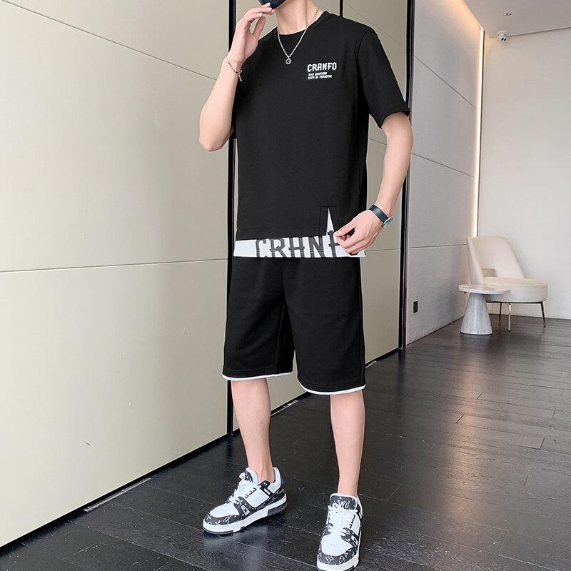 Костюм спортивный мужской повседневный, футболка и шорты, однотонный, с карманами, летняя одежда, размеры 4XL