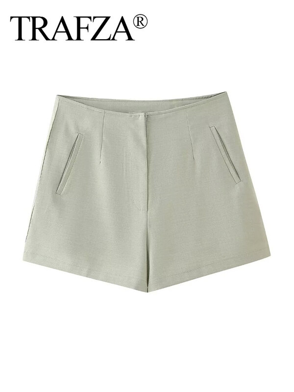 TRAFZA-pantalones cortos informales para mujer, Shorts elegantes de Color liso, cintura alta, bolsillos laterales, cremallera, ropa de calle, Verano