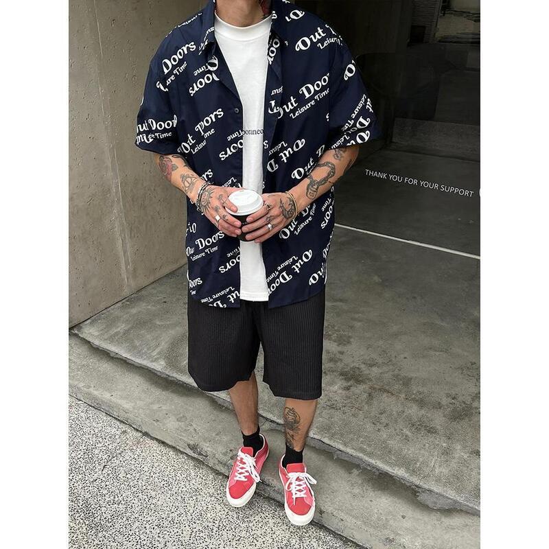 Men's summer full-print letters cool and comfortable short-sleeved shirts men's silhouette trendy casual shirts men clothing y2k