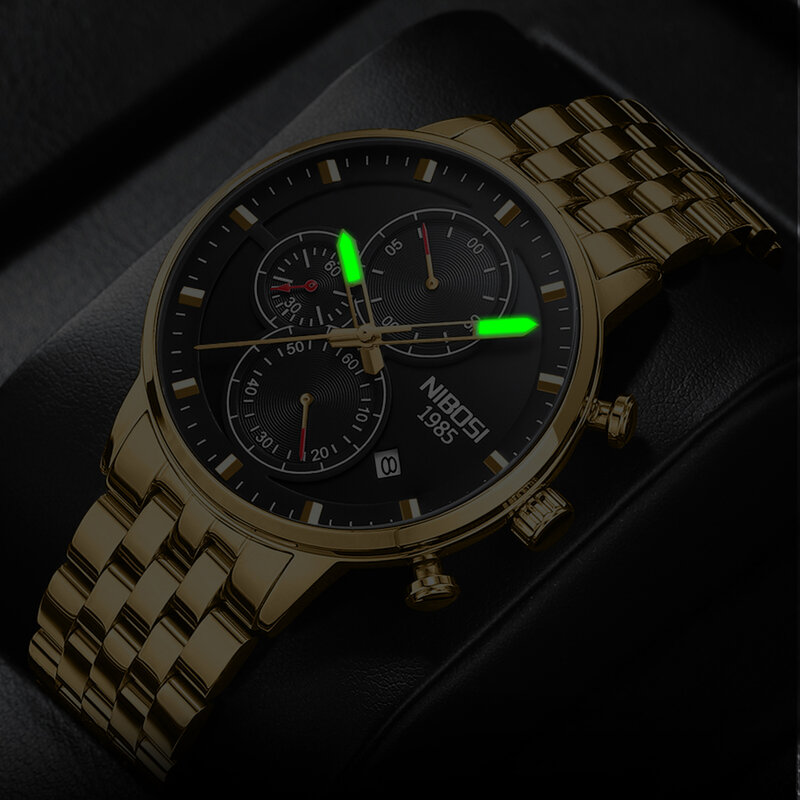 Часы ведущей марки NIBOSI, мужские роскошные золотые кварцевые часы из нержавеющей стали, спортивные мужские часы с хронографом, светящиеся мужские часы
