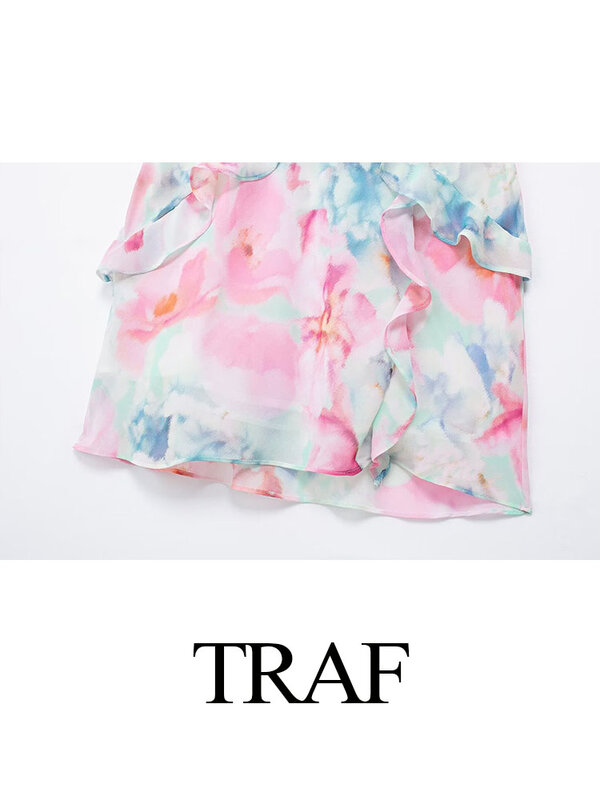 TRAF 여성 원피스 프린트 V넥 민소매 백리스 지퍼 장식, 여성 비치 스타일 미니 드레스, 여름 신상 패션