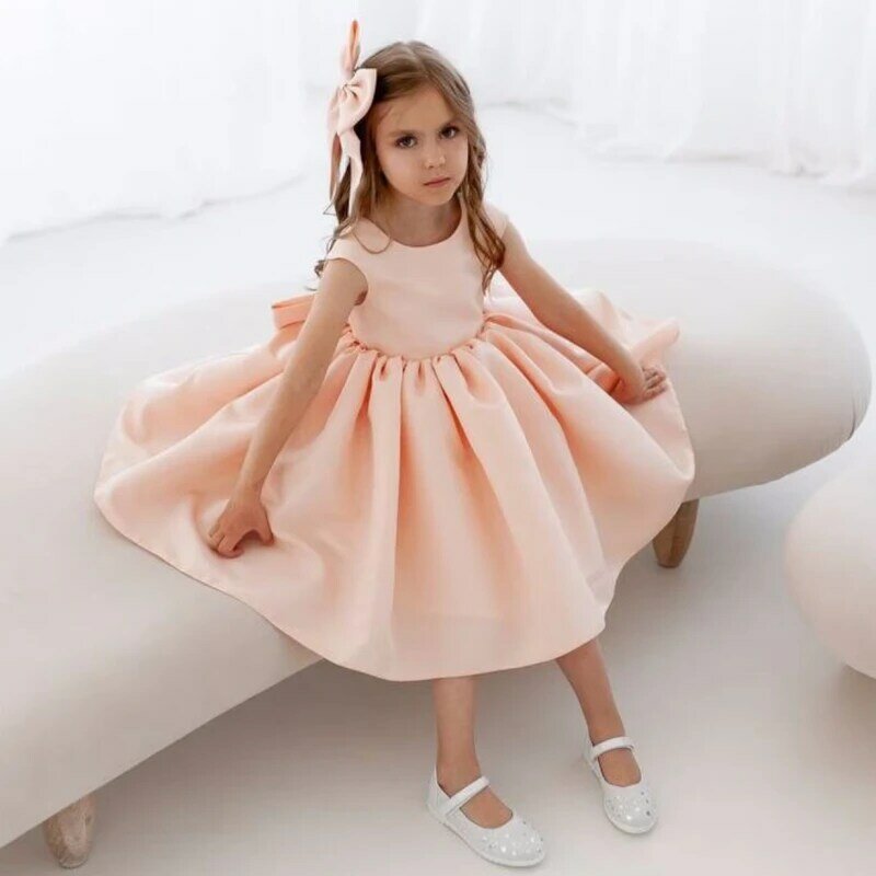 Flower Girl Dresses Orange Satin With Bow Sleeveless For Wedding Birthday Party First Communion Gowns