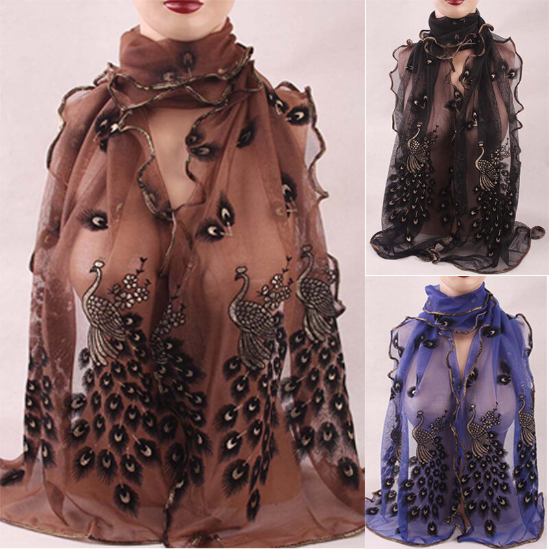 Écharpe paon longue en mousseline de soie pour femme, châle transparent, étole douce, ronde, mode femme, 190x40cm, 1 pièce