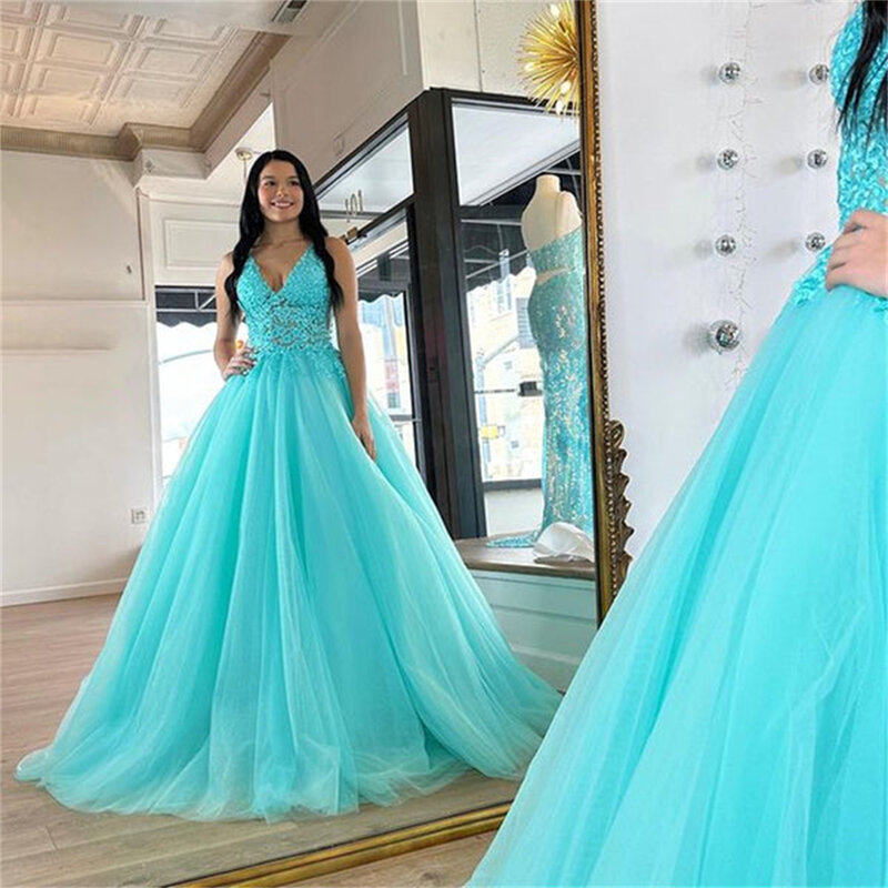 Women's Deep V-Neck Off-the-Shoulder Tulle Evening Dress Lace Appliques Backless Floor-Length A-Line Formal Party Ball Gowns