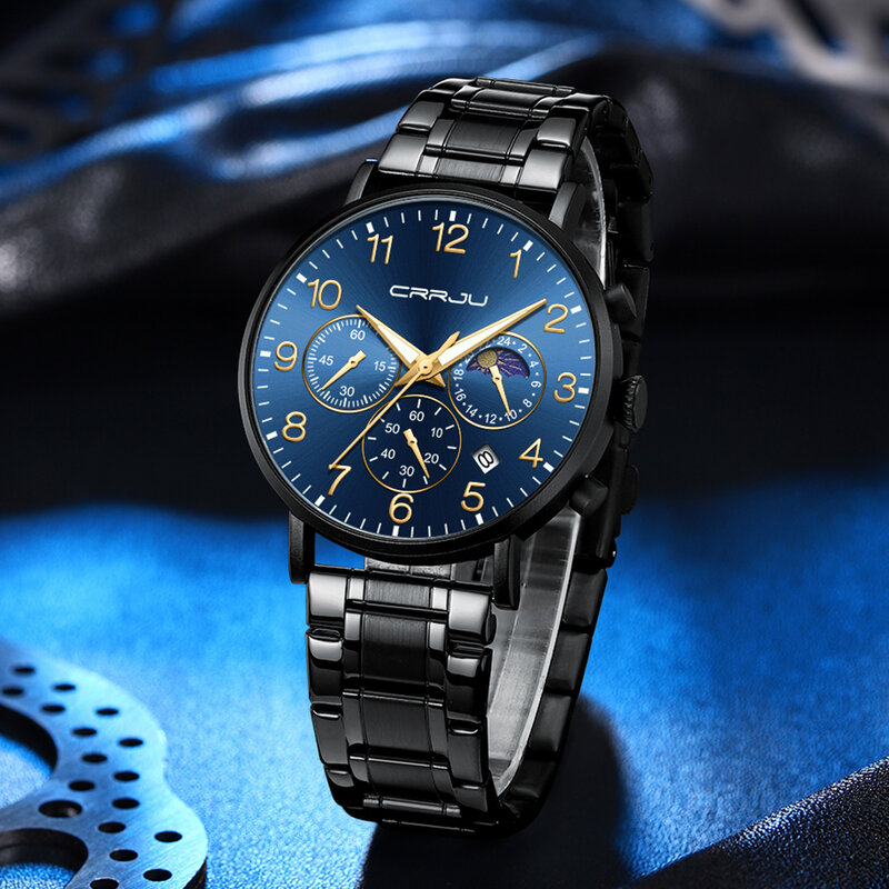 Crrju marca relógio masculino topo da marca de luxo esportes quartzo relógio masculino todo o aço cronógrafo à prova dwaterproof água relogio masculino
