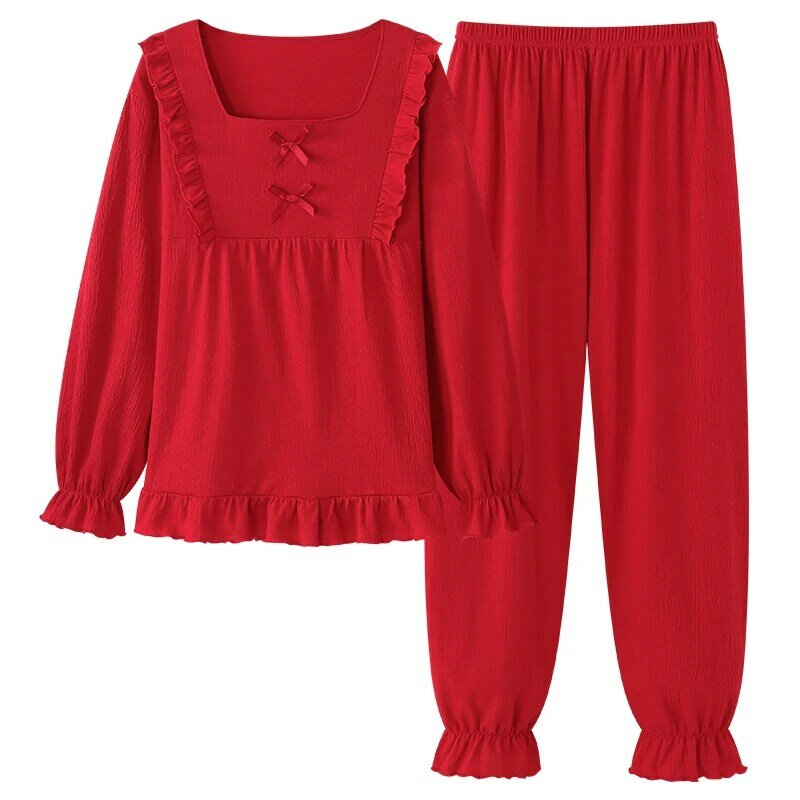 ملابس نوم نسائية قطنية غير رسمية ، بيجامات حمراء اللون ، طقم بيجامات صلبة ، طراز كوري ، ملابس منزلية جميلة ، 4 × لتر ، ربيع ، 2