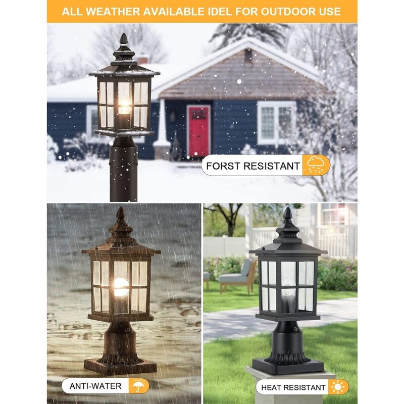 Street Post Lights, Exterior Pier Light Post Mount Light Head with Clear Glass for Garden, Matte Black, 2 Pack