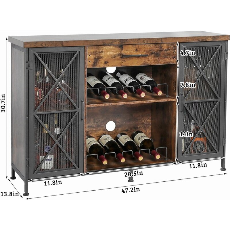 Wine Bar Cabinet with Wine Rack and Glass Holder, Farmhouse Coffee Bar Cabinet for Liquor and Glasses, Industrial Sideboard Buff