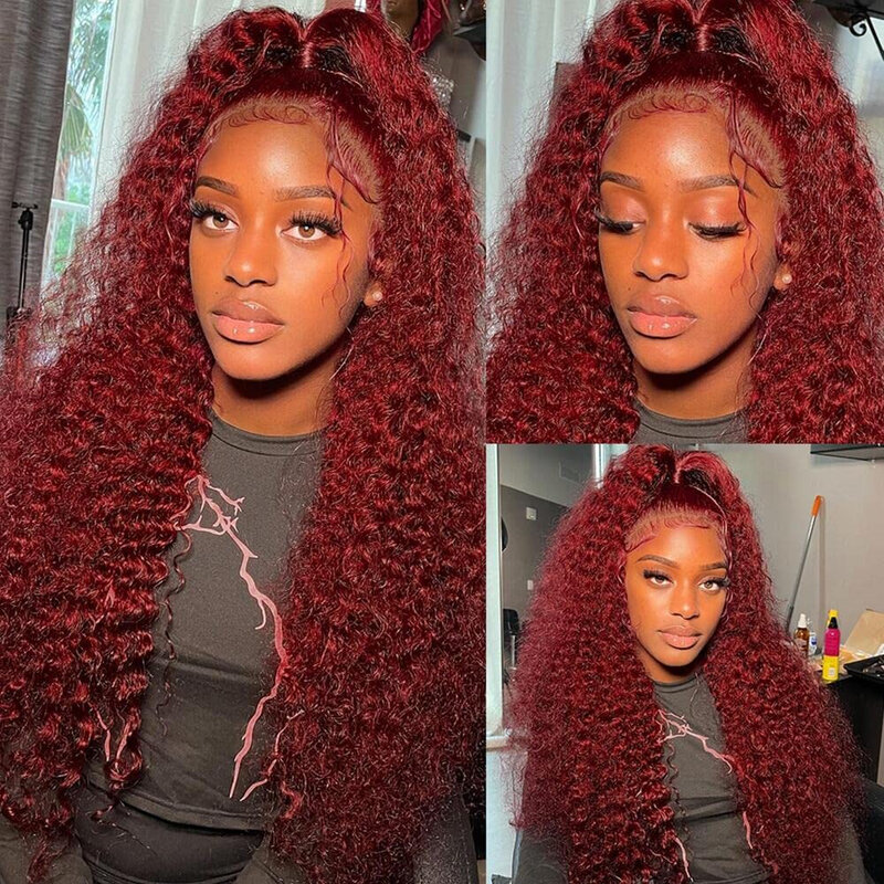 13x4 Deep Curly Lace Frontal Wig Transparent 99J Burgundy Lace Front Wigs Red Colored HD Deep Wave Pre-Plucked Human Hair Wigs