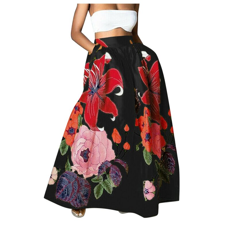 Women's Fashionable Bohemian Flower Printing Large Swing Skirts Loose High Waisted Long Half Bodies Skirts With Pocket For Women