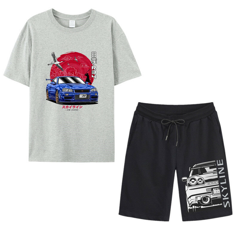 Japanese Car pattern tracksuit men's short sleeve T-shirt + Sports 2 pieces suit men's casual clothing summer Men's Sportswear