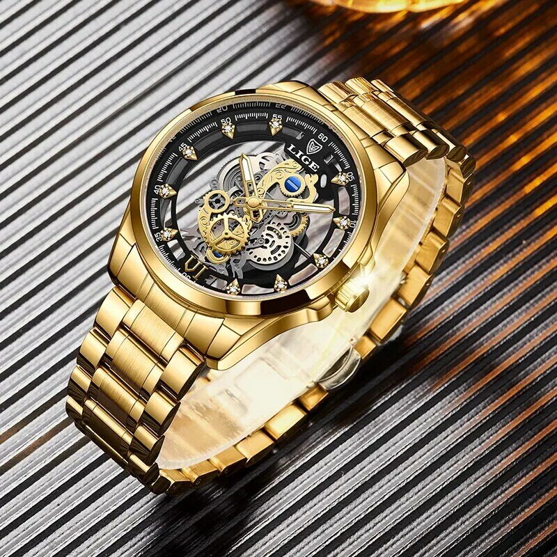 LIGE New Men Watch Skeleton Quartz Wristwatch Gold Skeleton Retro Man Watch Top Brand Luxury Clock Mens Watches Reloj Hombre