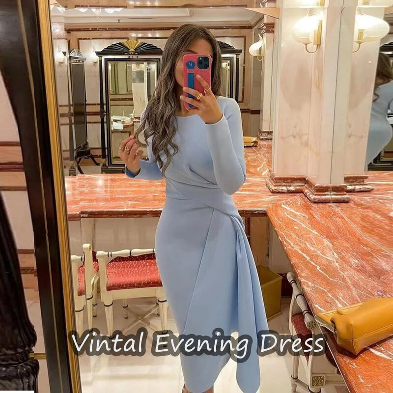 Vindal Tea Length Evening Dress ALine Elegant Crepe Ruffle Prom Dresses Long Sleeves Scoop Neckline Built-in Bra  For Woman 2024