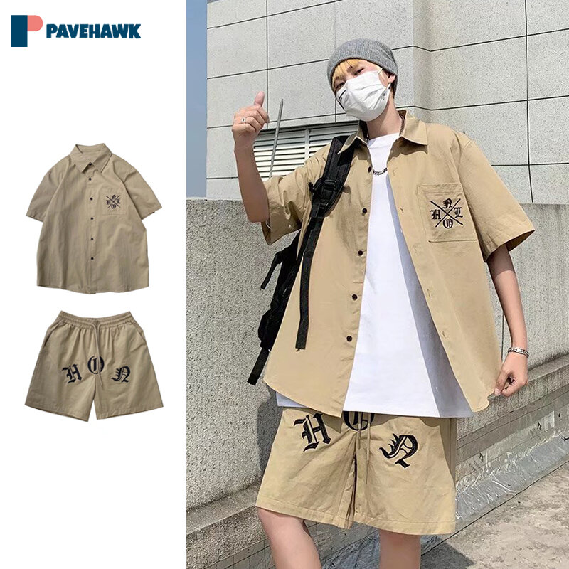 Retro 2pcs Sets Men Women Japanese Letter Embroidery Lapel Short Sleeve Shirt Loose Shorts Casual Set Fashion Sport Suit Summer