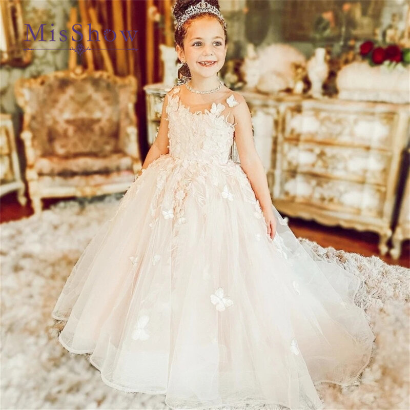 MisShow 3D Floral Embroidery Child Bridesmaid Flower Girl Dress for Wedding Fluffy Birthday Kid Princess Evening Prom Party