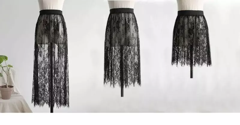 2 Länge eleganter schwarzer Rock weiße Spitze transparenter langer Tüllrock Damen elastische hohe Taille Strand Midi Rock Drop Versand