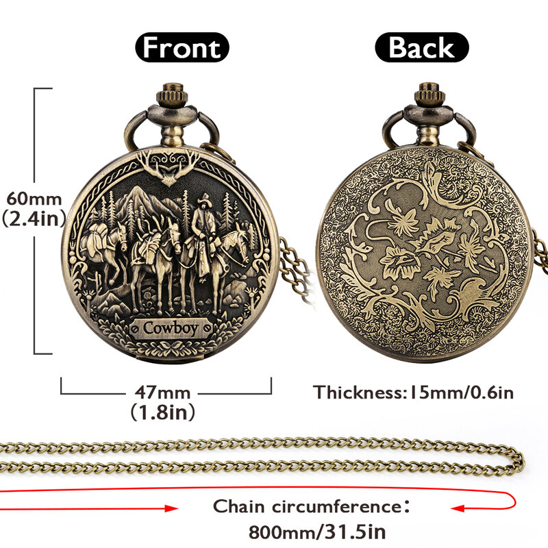 Bronze ocidental cowboy alívio padrão colar bolso relógio de quartzo movimento retro caçador completo camisola corrente bolso relógio presentes
