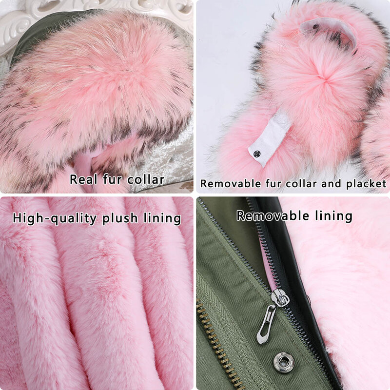 Maomaokong-모피 파카 진품 모피 코트 및 재킷 여성용, 자연 너구리 모피 칼라, 따뜻한 후드, 2022 겨울