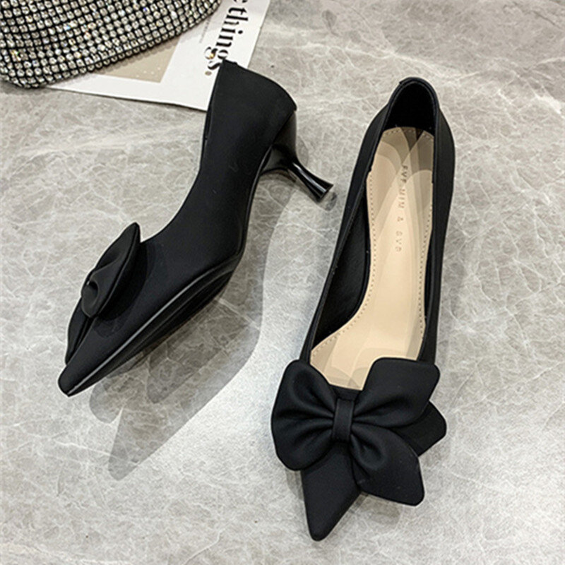 Zapatos de tacón alto con punta estrecha para mujer, mocasines informales cómodos con lazo de diseñador, elegantes, para fiesta y oficina, 2024