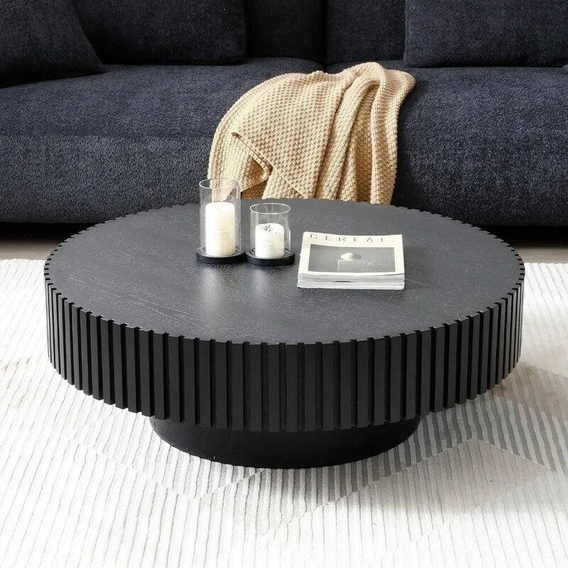 木製の丸いコーヒーテーブル,モダンな円形,表面,リビングルーム用,組み立てが簡単