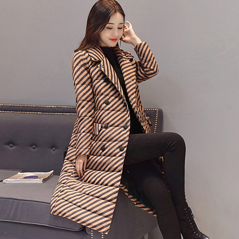 Pop Women Down Coat Autumn Winter Nice Elegant Fashion Suit Collar Double Breasted Striped Slim Long White Duck Down Coat