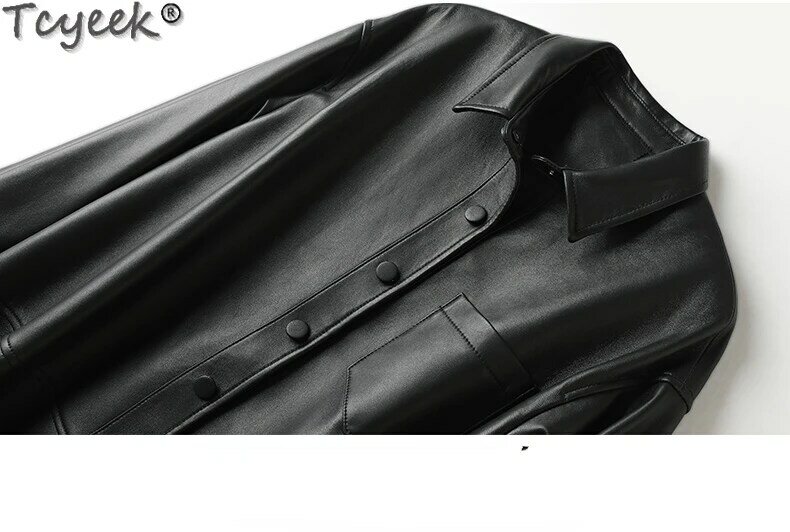 Tcyek 여성용 정품 가죽 재킷, 중간 길이 탑 레이어 양가죽 코트, 2023 용수철 가을 가죽 셔츠 재킷