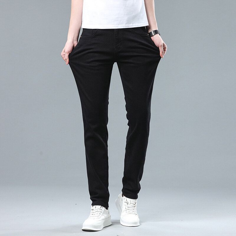 Czysta czerń jeansy męskie lato Slim Fit Casual Stretch moda koreański styl wszystkie modne do biura, długa spodnie biznesowe